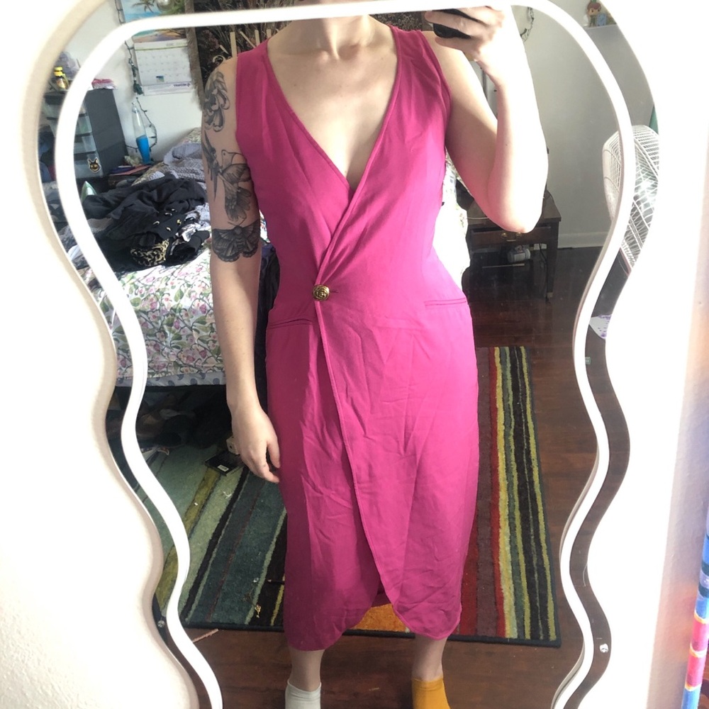 “Ann Tjian” pink vintage long vest dress with button closure and faux pockets
